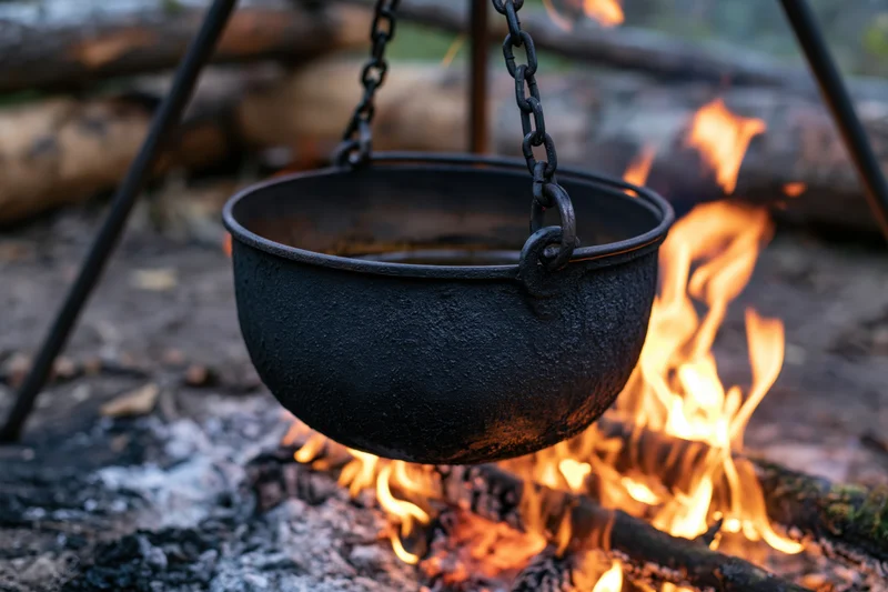 Blackened cast iron cauldron hanging over a crackling campfire in a forest clearing