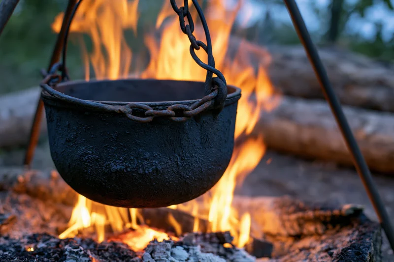 Blackened cast iron cauldron hanging over a crackling campfire in a forest clearing