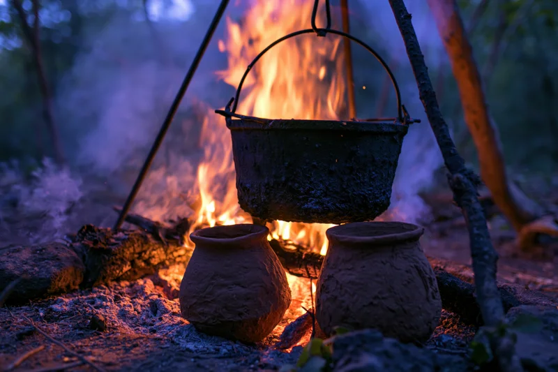 Blackened cast iron cauldron hanging over a crackling campfire in a forest clearing at night, with clay pots on the ground nearby