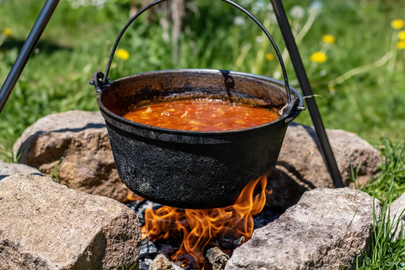 Blackened cast iron cauldron hanging over open fire cooking stew outdoors