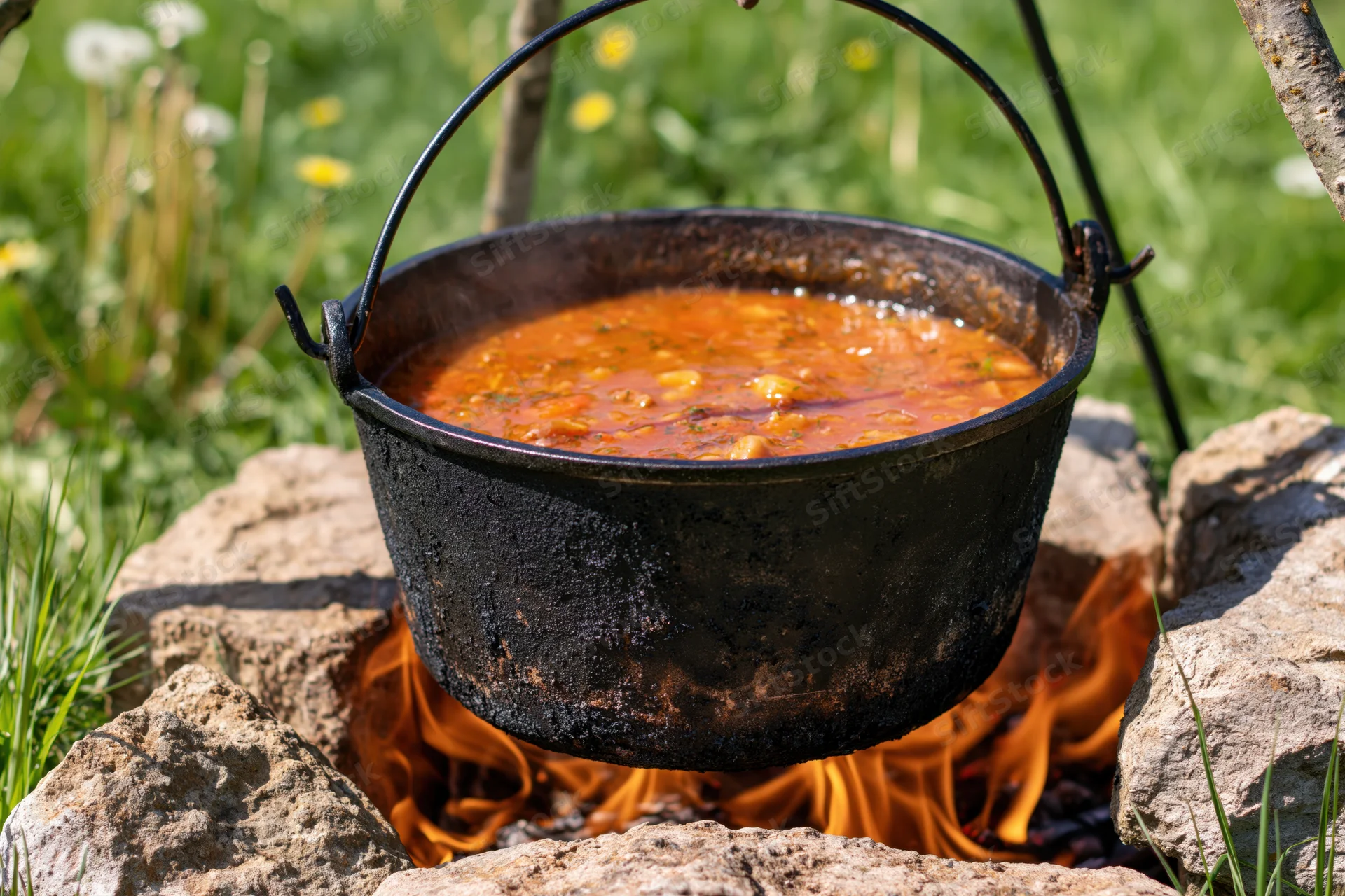 Blackened cast iron cauldron hanging over a campfire surrounded by rocks in a grassy outdoor setting