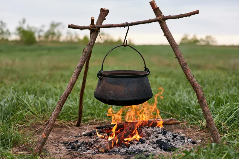 Blackened cast iron pot hanging over a campfire in a grassy field
