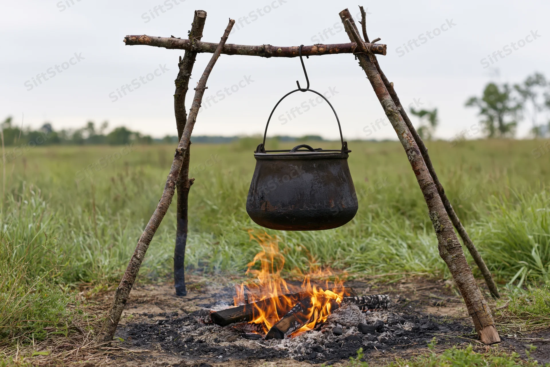 Blackened cast iron pot hanging over a campfire in a grassy field
