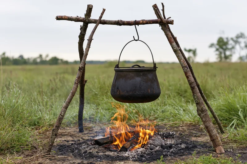 Blackened cast iron pot hanging over a campfire in a grassy field