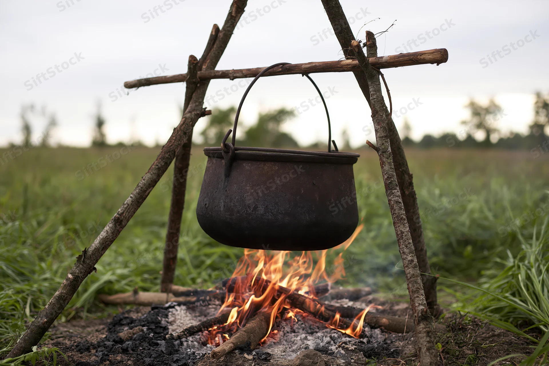 Blackened cast iron pot hanging over a campfire in a grassy field