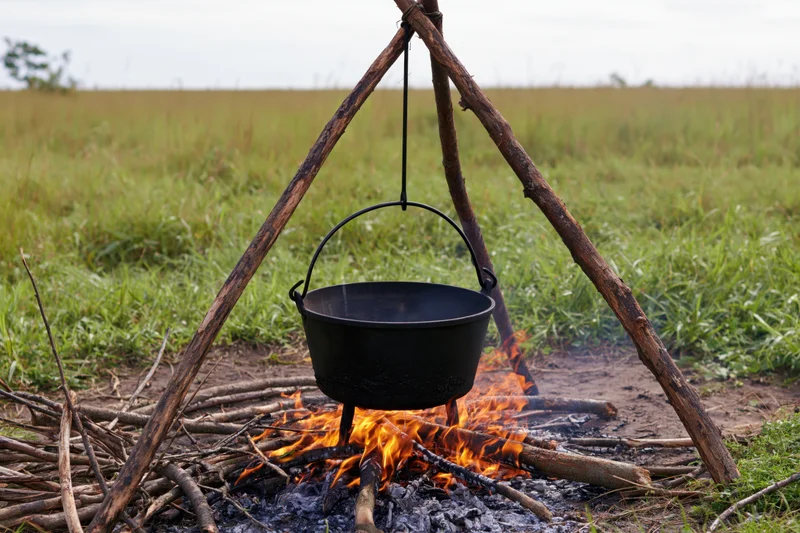Black cast iron pot hanging over a campfire on a wooden tripod in a grassy field