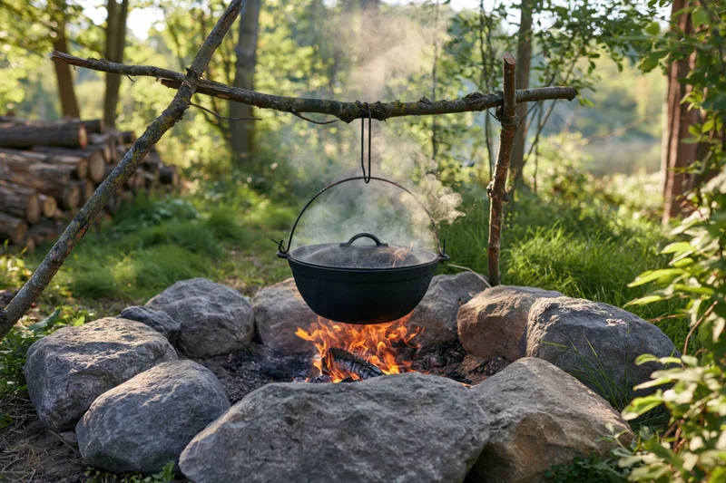 Blackened cooking pot hanging over a campfire surrounded by stones in a forest clearing