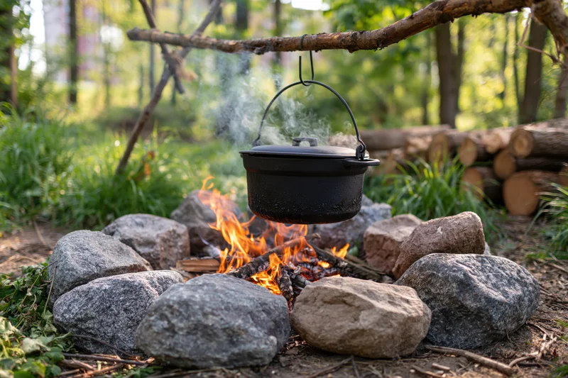 Blackened cooking pot hanging over a campfire surrounded by rocks in a forest clearing