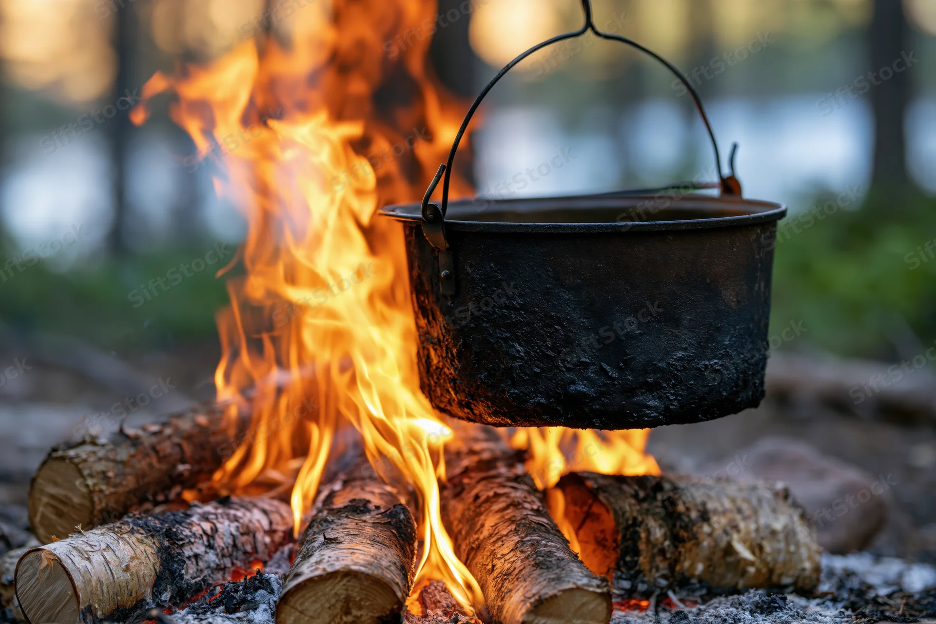 Blackened metal camp pot hanging over a burning wood fire in a forest clearing