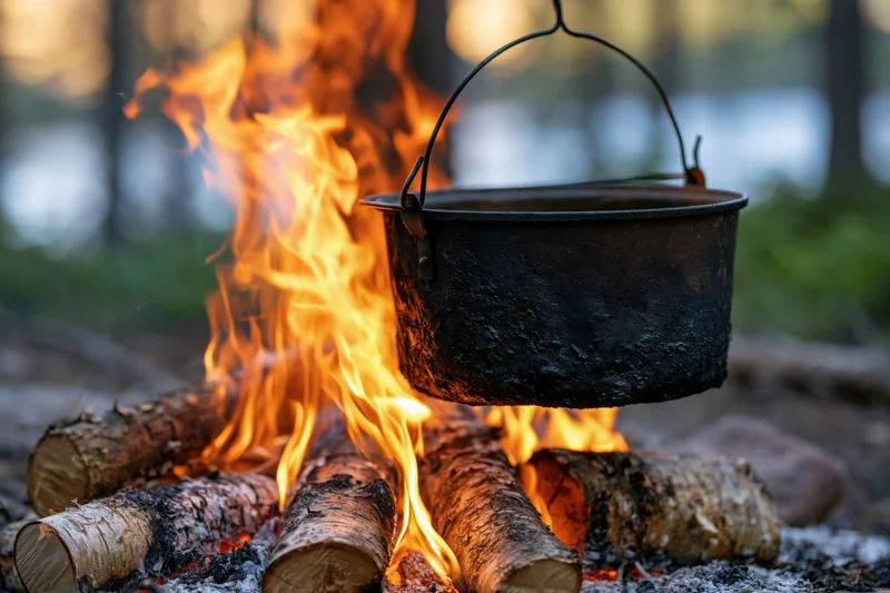 Blackened metal camp pot hanging over a burning wood fire in a forest clearing