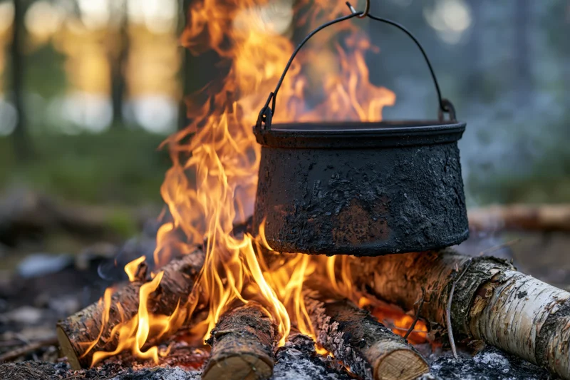 Blackened metal camp pot hanging over a burning wood fire in a forest clearing