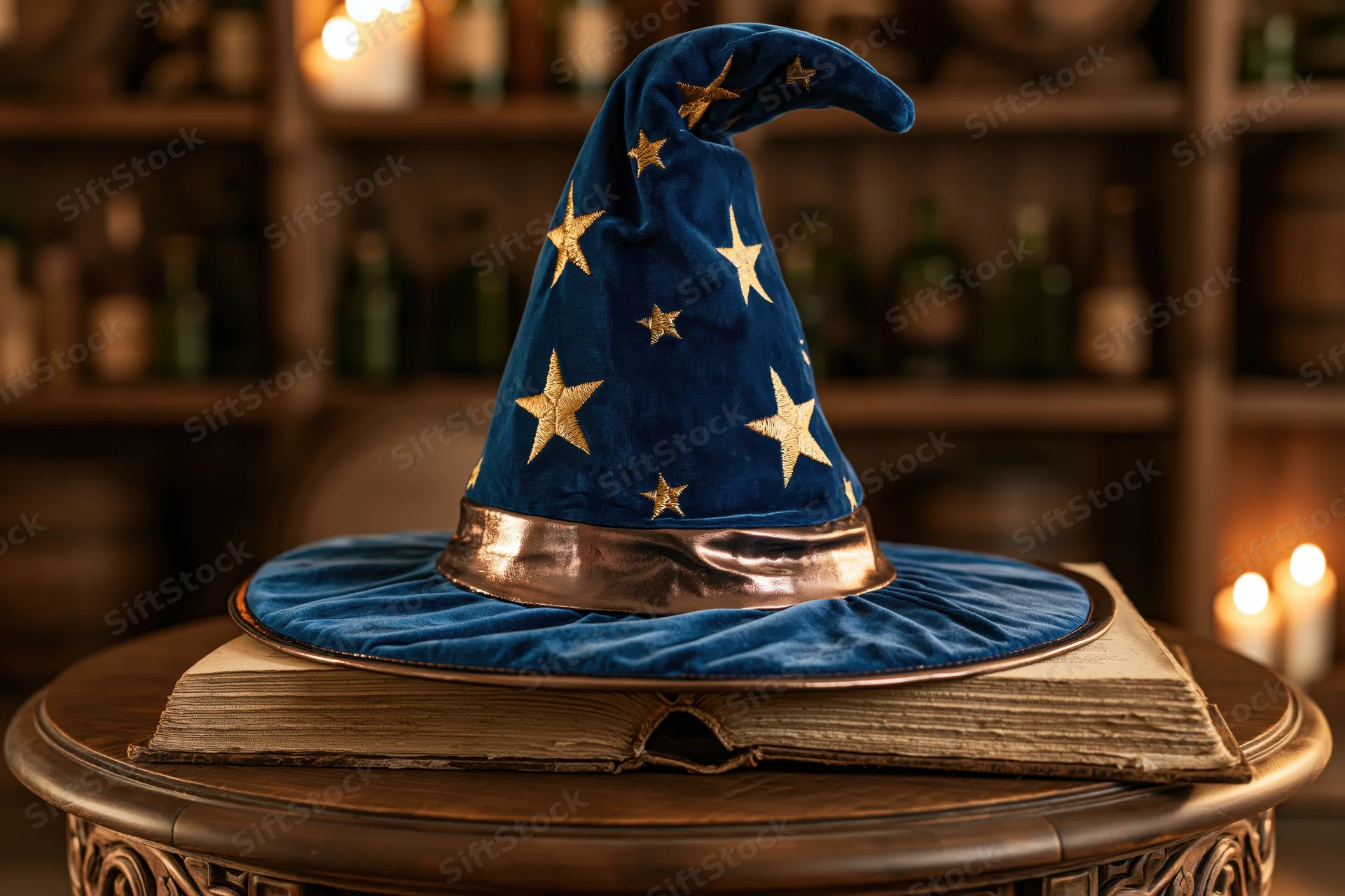 Blue velvet wizard hat with gold stars resting on an open ancient book on a wooden table in a dimly lit mystical room