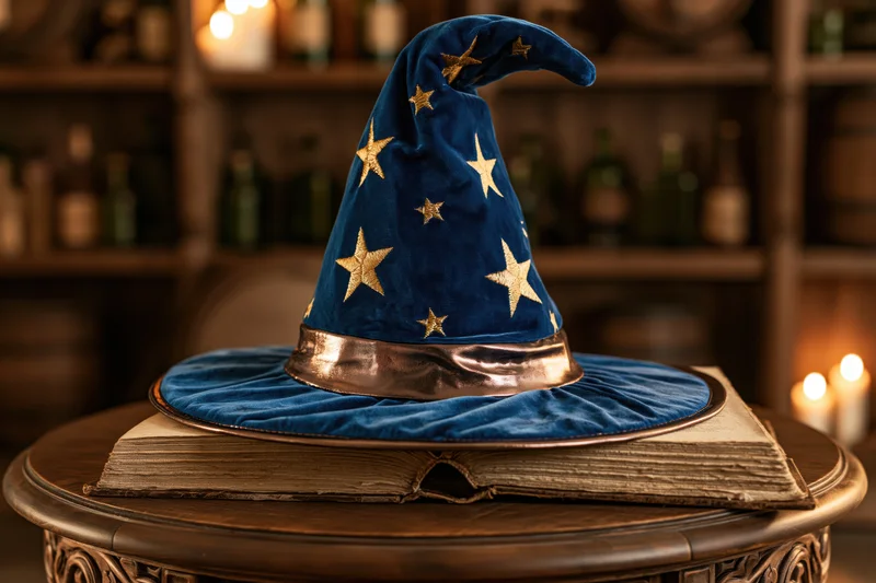 Blue velvet wizard hat with gold stars resting on an open ancient book on a wooden table in a dimly lit mystical room