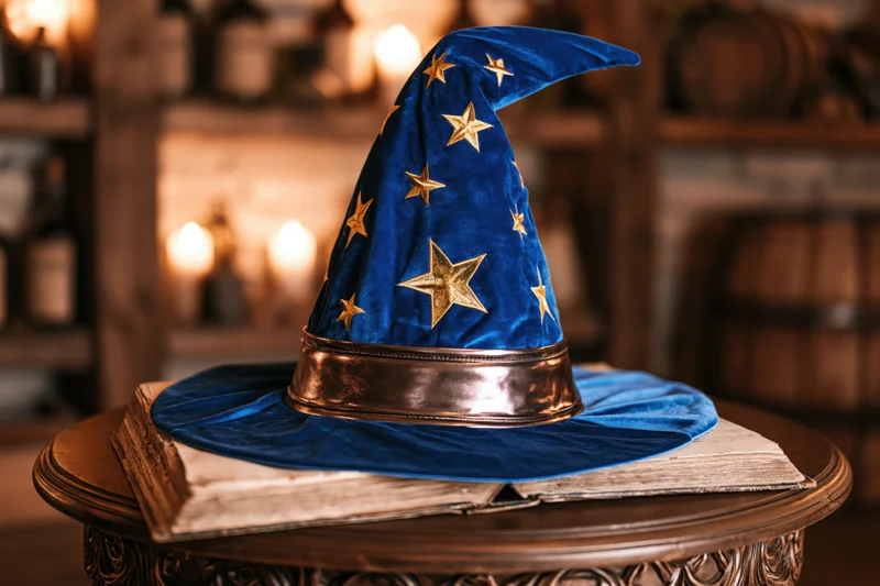 Blue velvet wizard hat with gold stars resting on an old book atop a wooden table in a warmly lit room with shelves and candles in the background