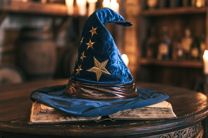 Blue velvet wizard hat with gold stars resting on an open ancient book on a wooden table in a dimly lit room with candles and shelves of bottles in the background