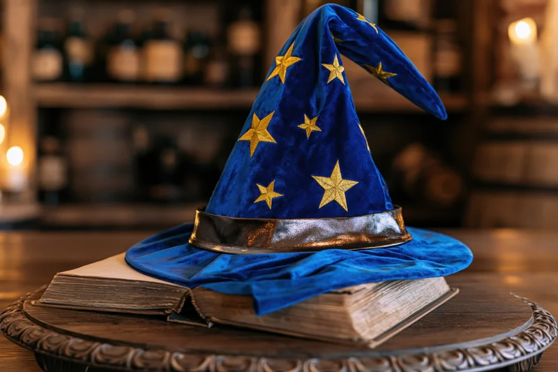 Blue velvet wizard hat with gold stars resting on an open ancient book on a wooden tray