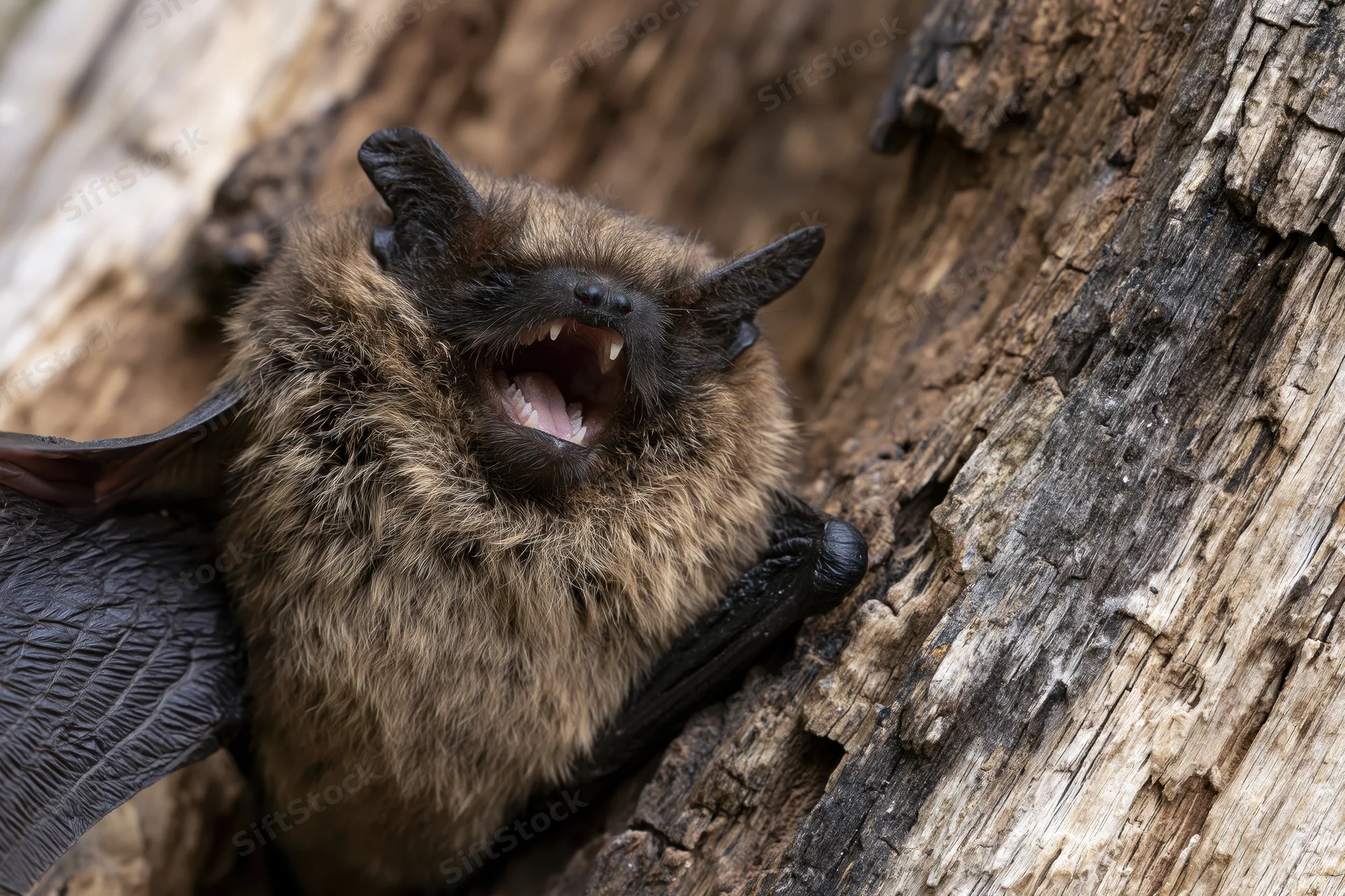 Brown bat clinging to rough tree bark with mouth open wide