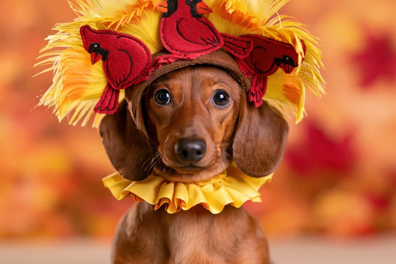 Brown dachshund wearing turkey costume with feathers and ruffle collar against autumn background