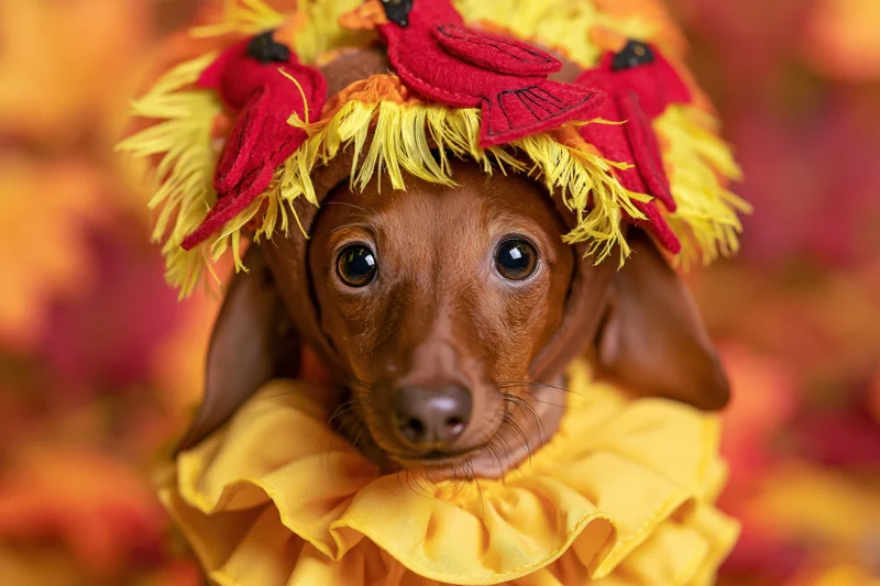 Brown dachshund wearing thanksgiving turkey costume with ruffled collar and feathered headpiece against autumn background