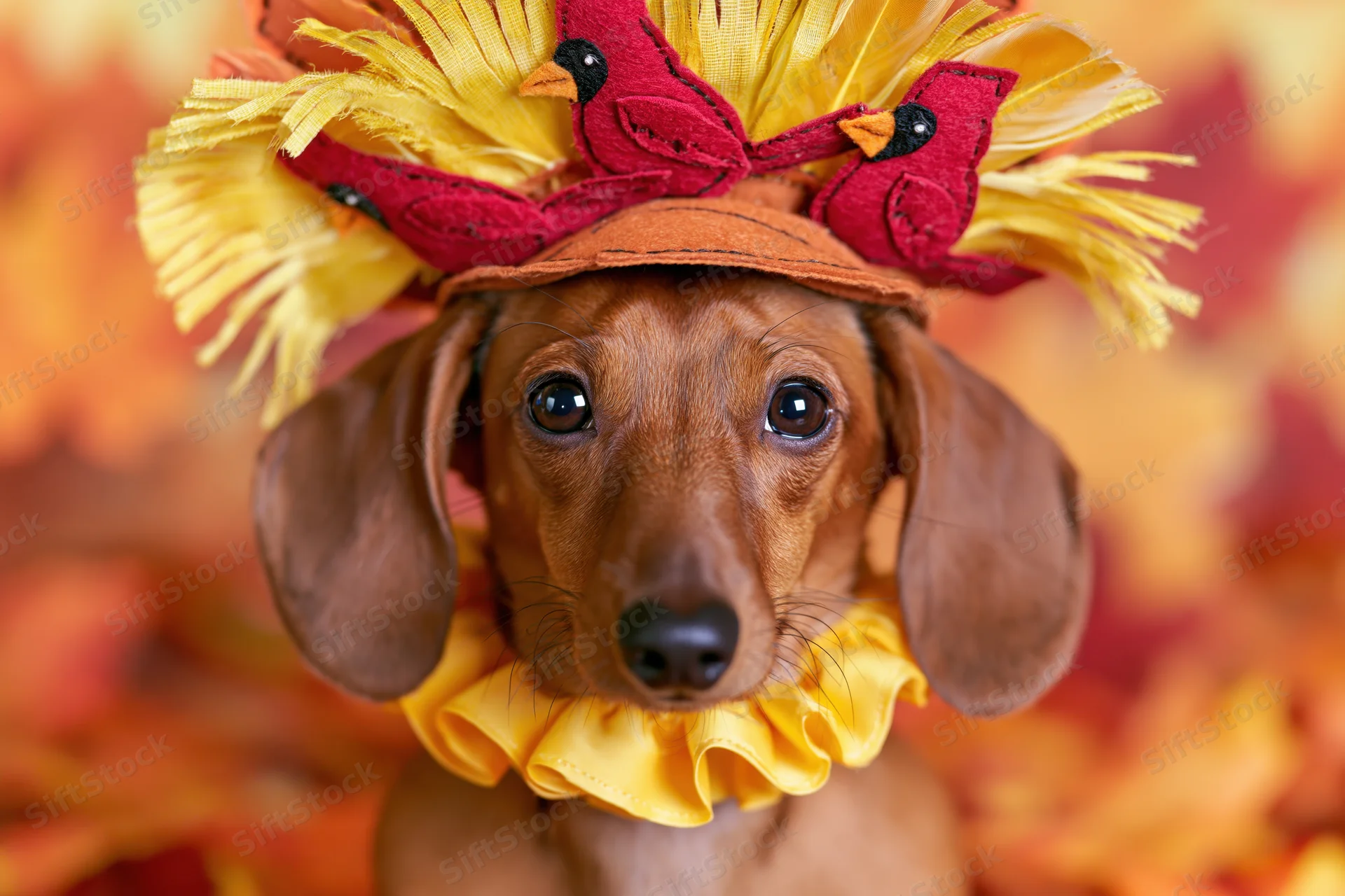 Brown dachshund wearing turkey costume with ruffled collar and feathered hat against autumn leaf background