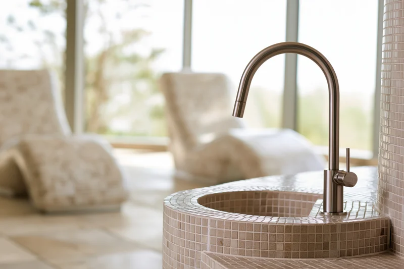 Brushed metal arc faucet on mosaic-tiled sink in a modern bathroom with lounge chairs and natural light