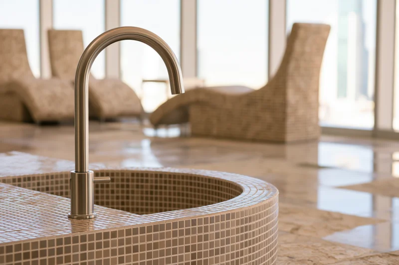 Brushed metal arc faucet on mosaic-tiled sink in modern bathroom with wicker chairs and glass windows in background
