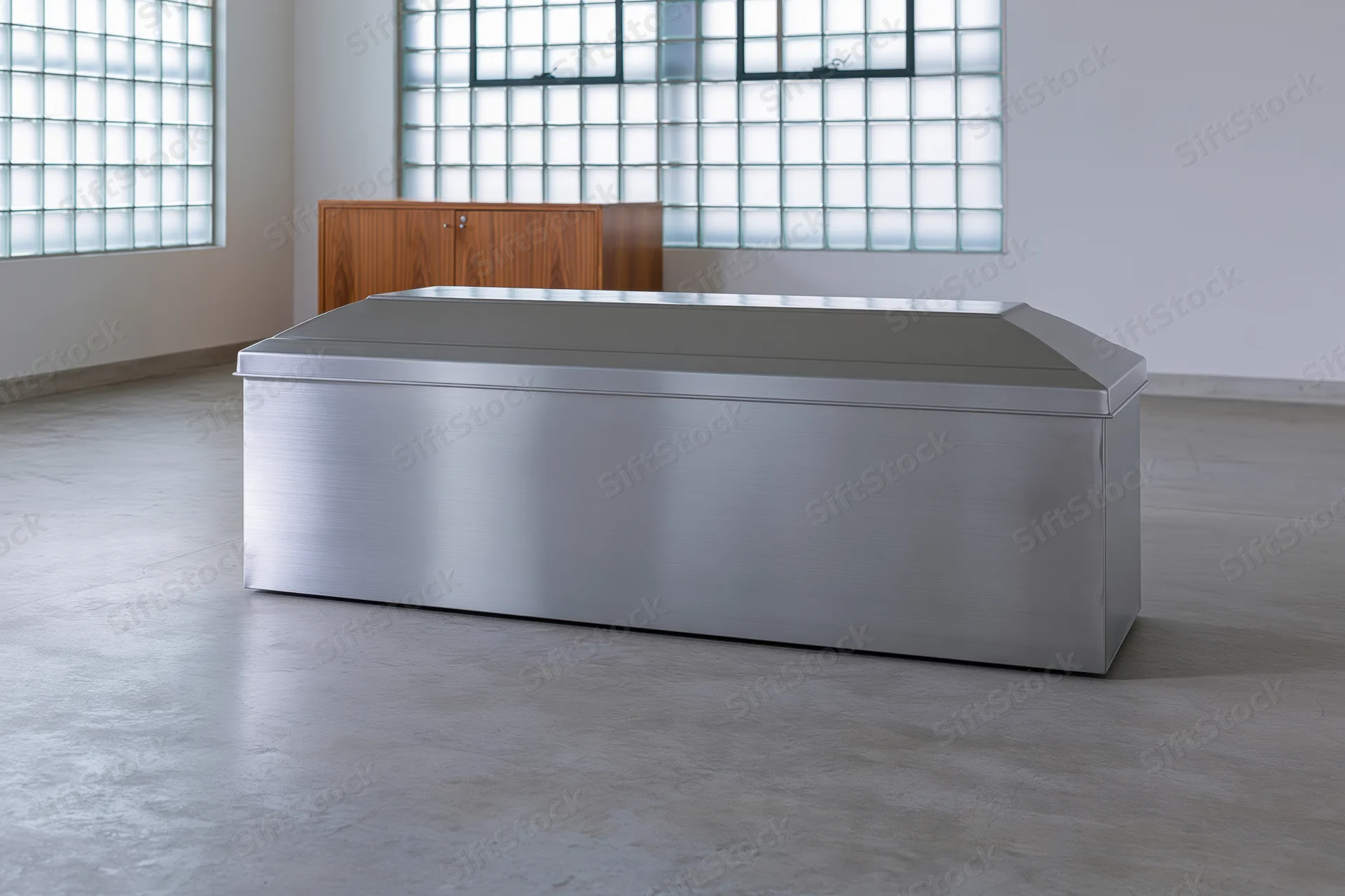 Brushed stainless steel casket on polished concrete floor in minimalist mortuary room with glass block windows and wooden cabinet