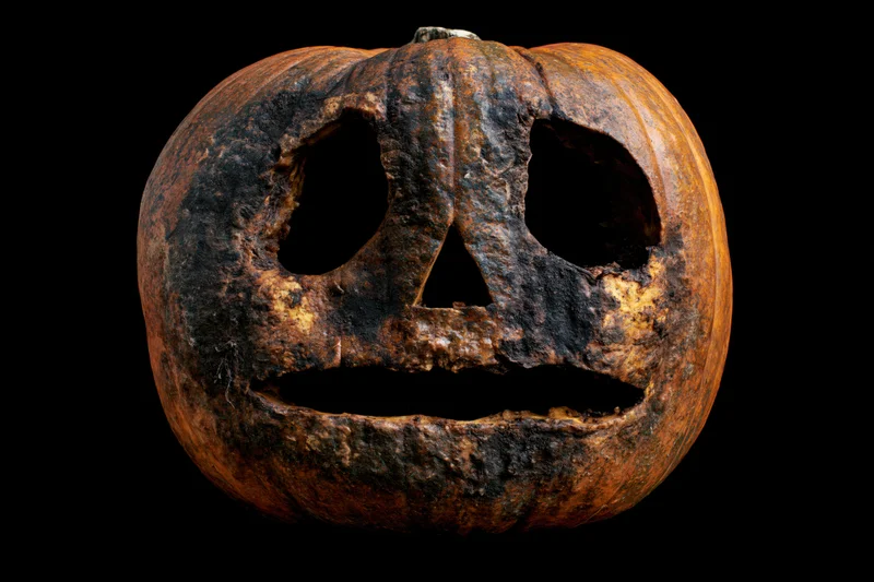 Decayed carved pumpkin with burnt surface and jack-o-lantern face on black background