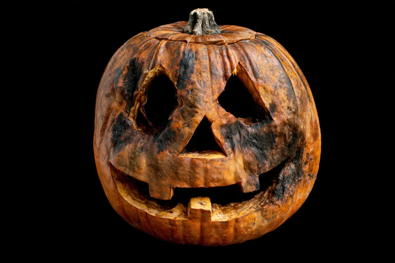 Carved pumpkin with decayed surface and jack-o-lantern face on black background