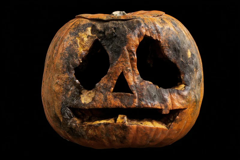 Decayed carved pumpkin with jack-o-lantern face on black background