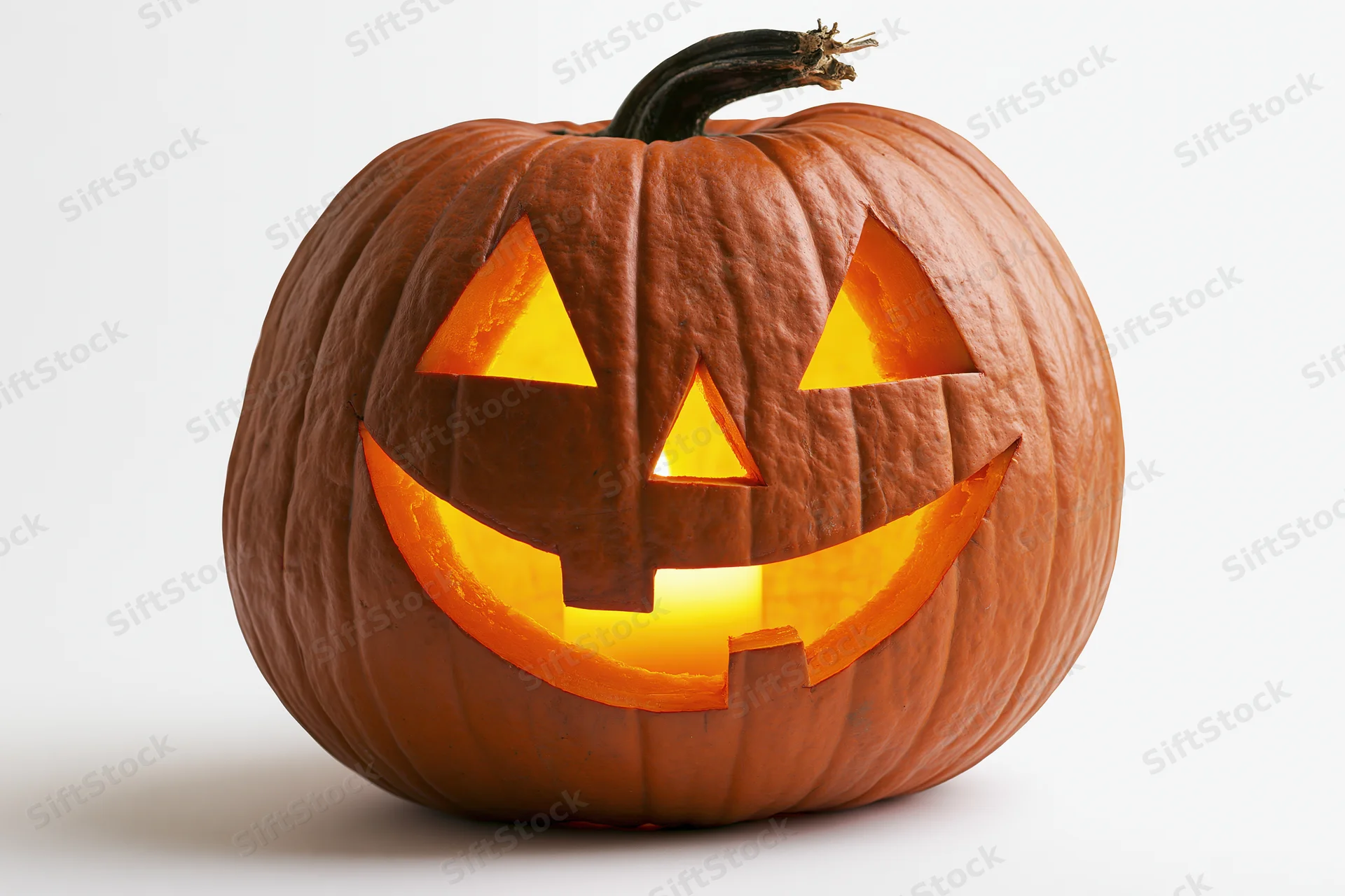 Carved pumpkin with glowing face on white background