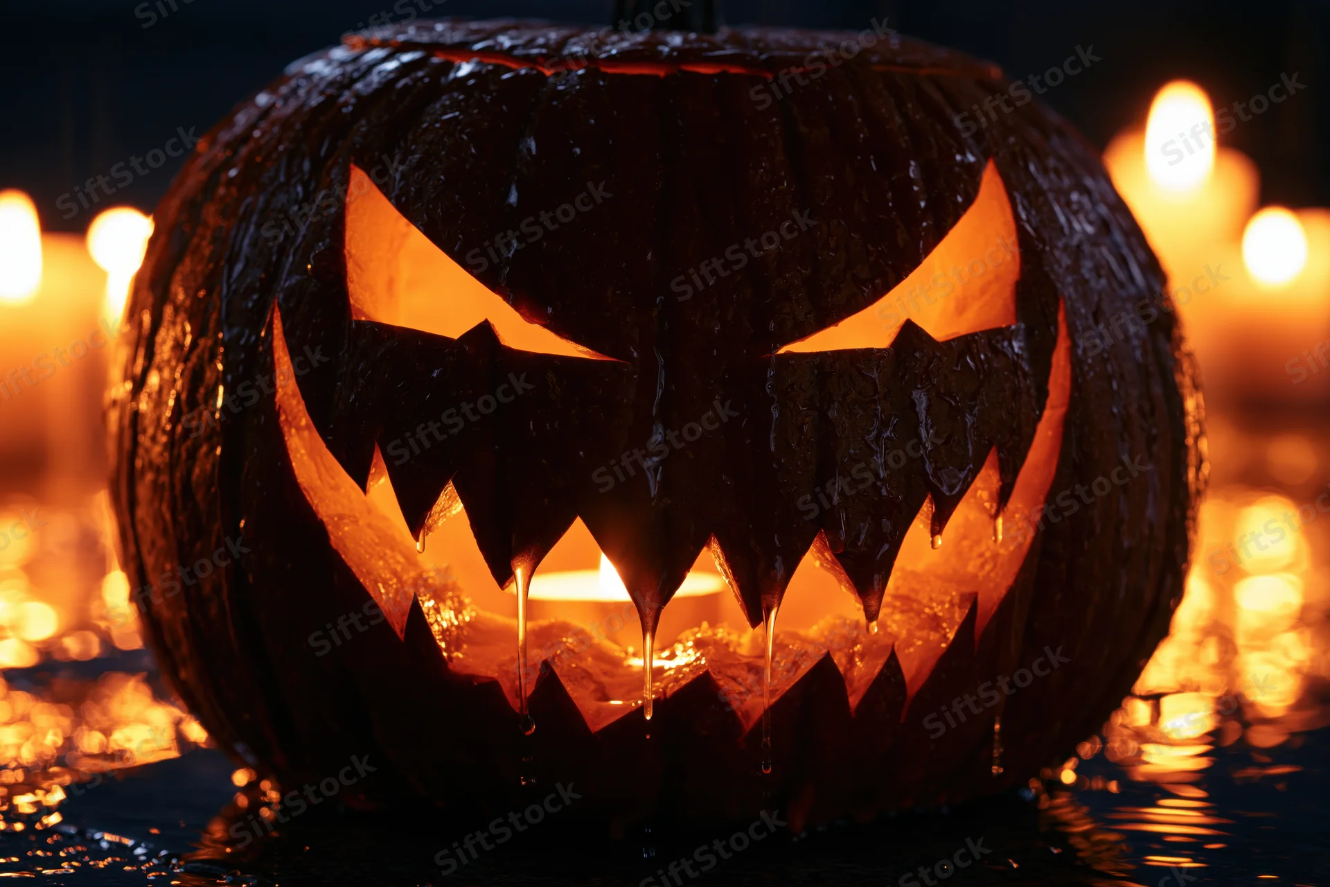 Carved jack-o-lantern glowing in rain puddles at night