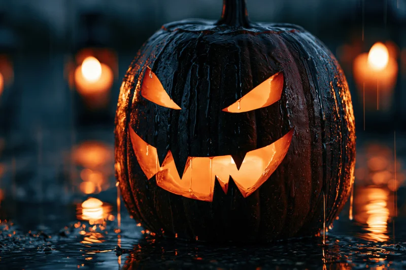 Carved jack-o-lantern glowing in rain puddles at night