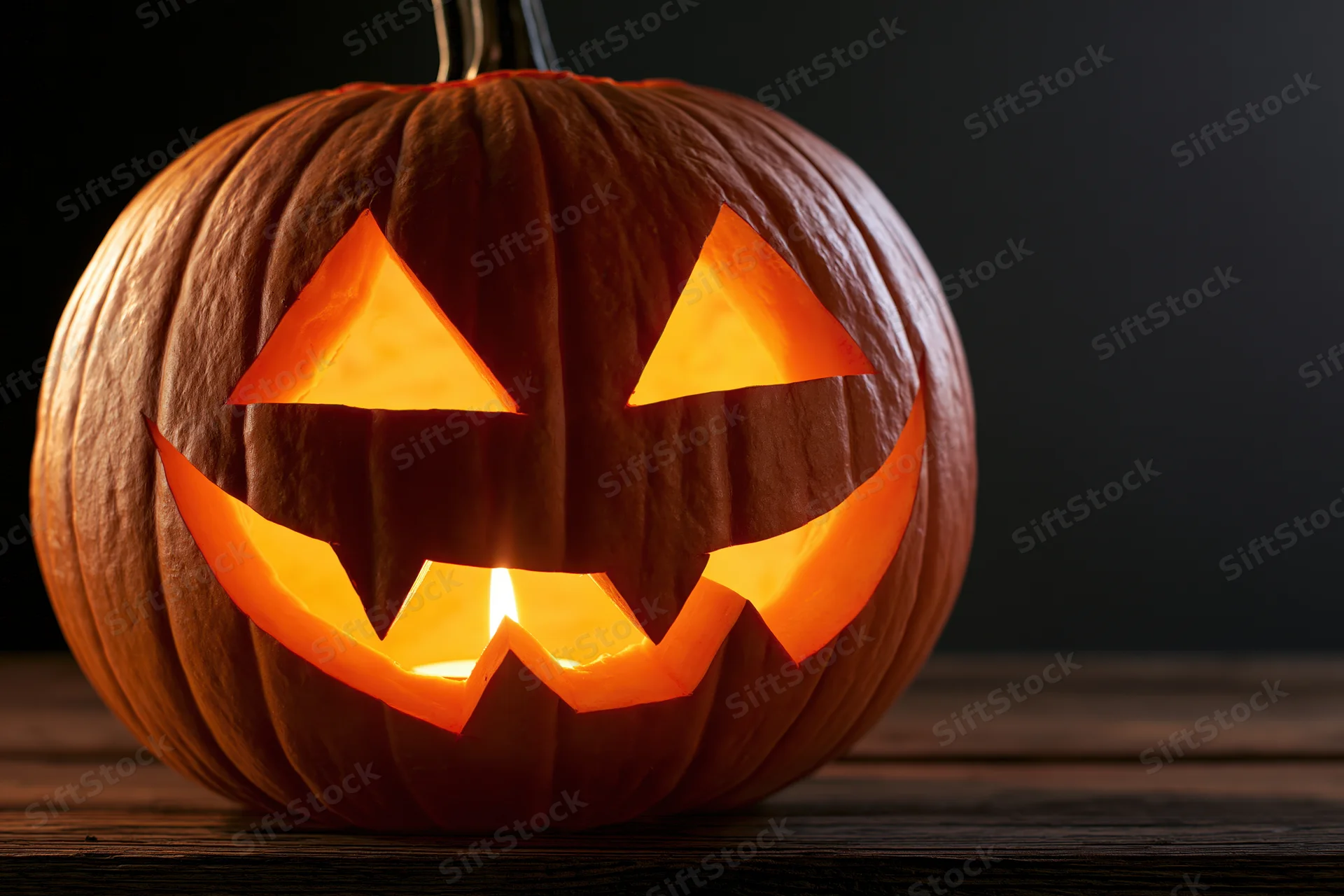 Carved jack-o-lantern with glowing triangular eyes and jagged grin on dark wooden surface