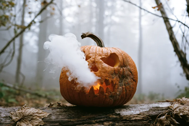 Carved pumpkin with smoke emerging from its mouth resting on a fallen log in a foggy forest
