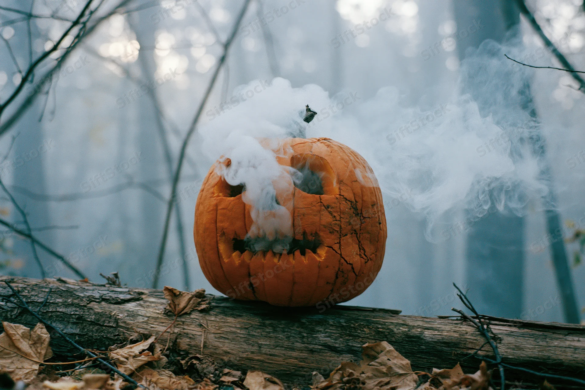 Carved pumpkin with smoke rising from its mouth resting on a fallen log in a misty forest