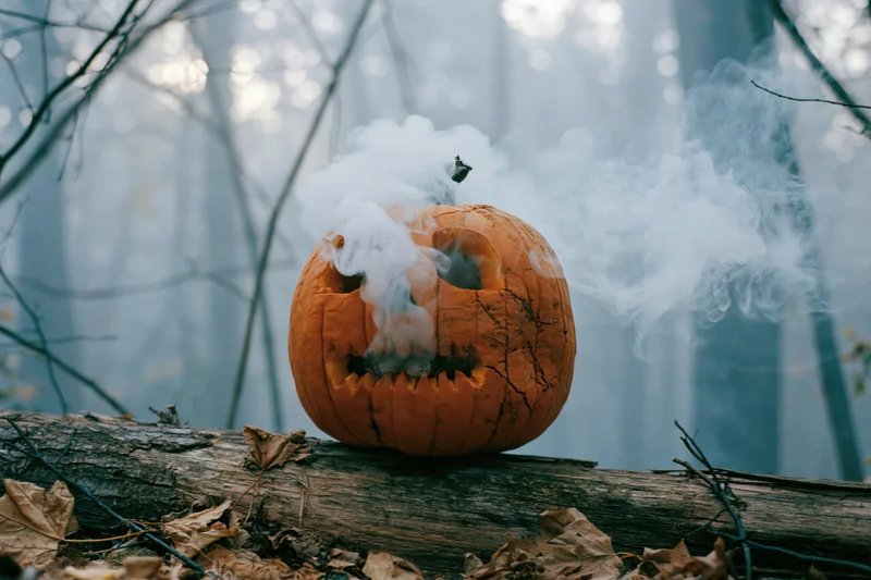 Carved pumpkin with smoke rising from its mouth resting on a fallen log in a misty forest