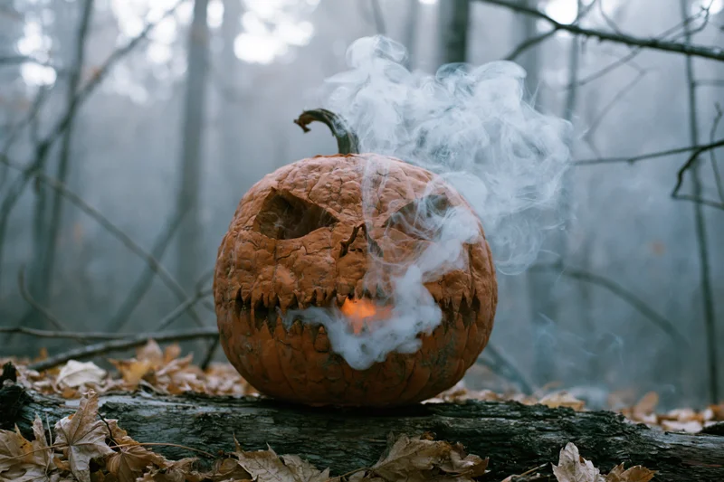 Carved jack-o-lantern with smoke glowing on a fallen log in a misty forest surrounded by dry leaves