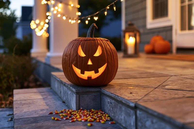 Carved jack-o-lantern glowing on front porch steps with candy and string lights at twilight