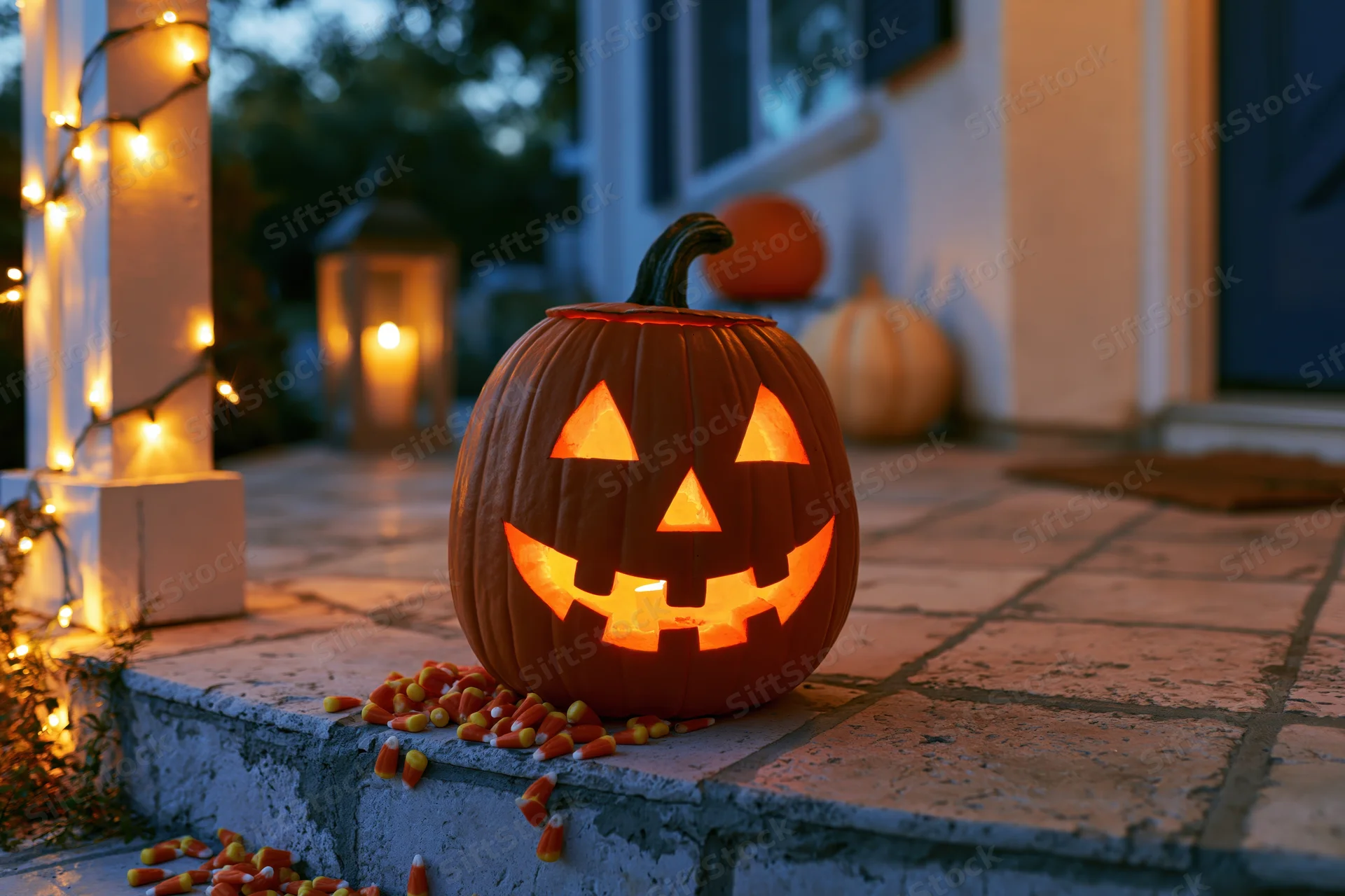 Carved jack-o-lantern glowing on front porch steps with candy corn and string lights at twilight