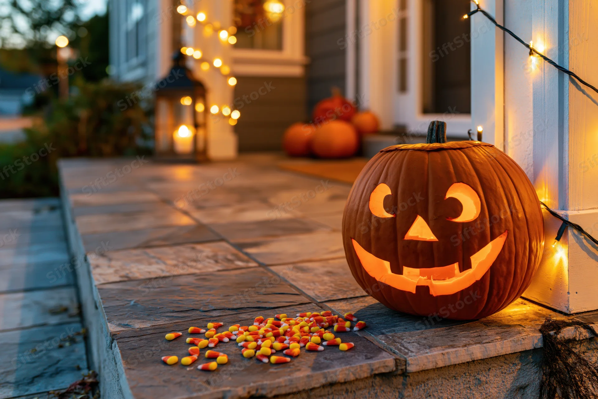 Carved pumpkin with glowing face on front porch steps beside scattered candy corn at evening