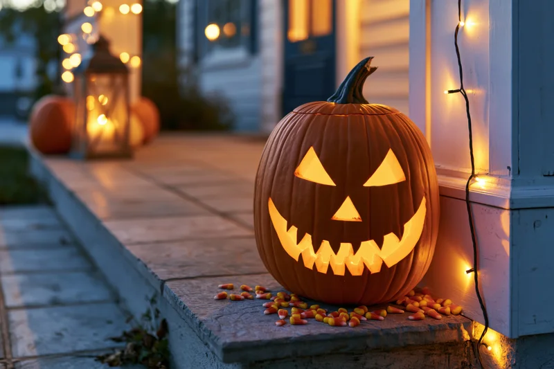 Carved jack-o-lantern glowing on front porch steps with candy corn and string lights at evening