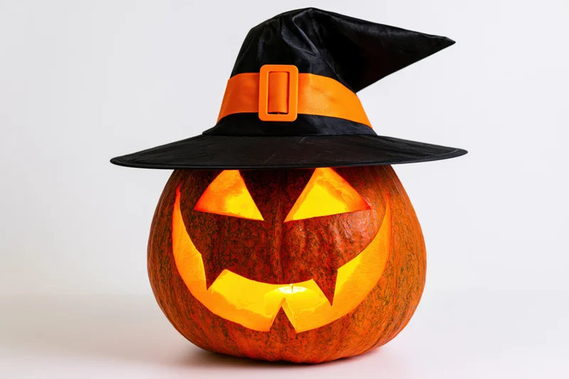 Carved pumpkin with glowing face wearing a black witch hat on white background