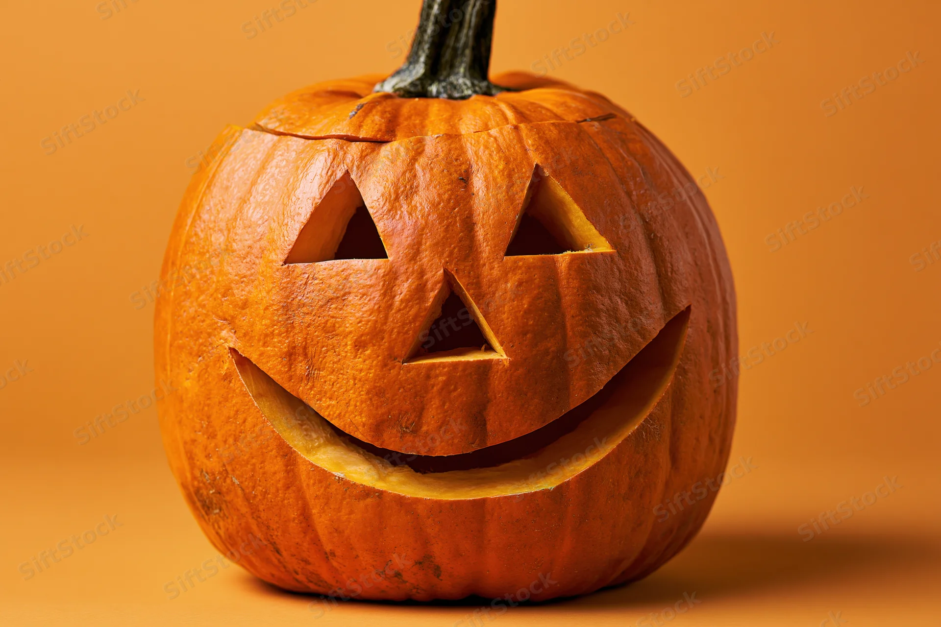 Carved pumpkin with smiling face on orange background
