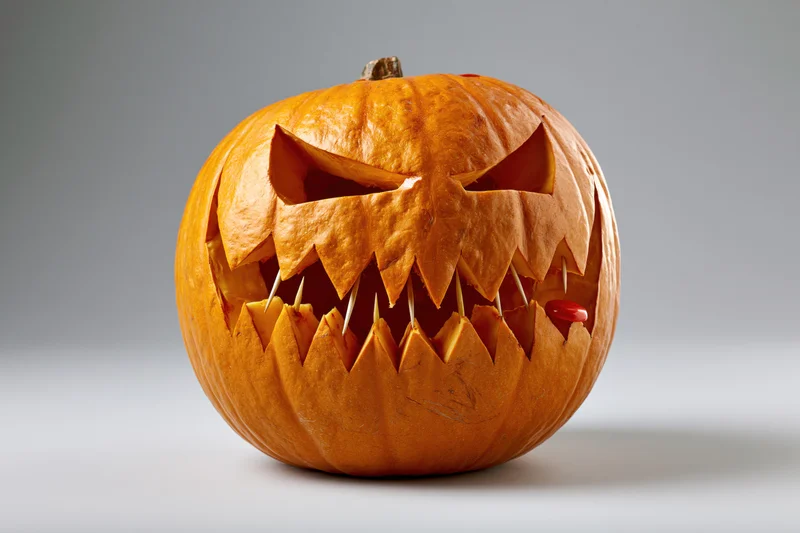 Carved pumpkin with jagged teeth and angry eyes on a plain background