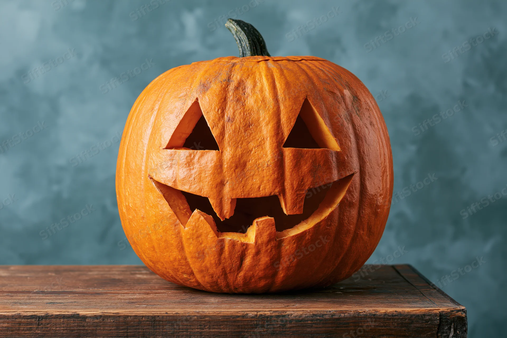 Carved pumpkin with triangular eyes and jagged grin on wooden table against textured blue background