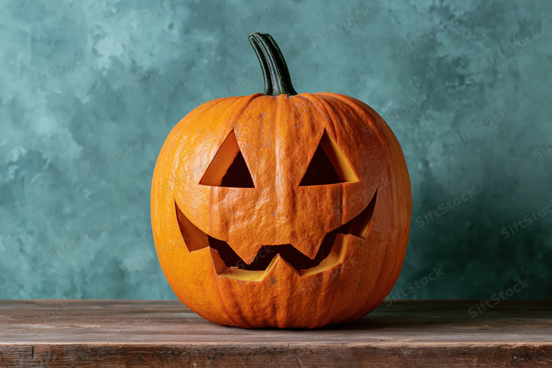 Carved pumpkin with triangular eyes and jagged grin on wooden table against teal textured wall