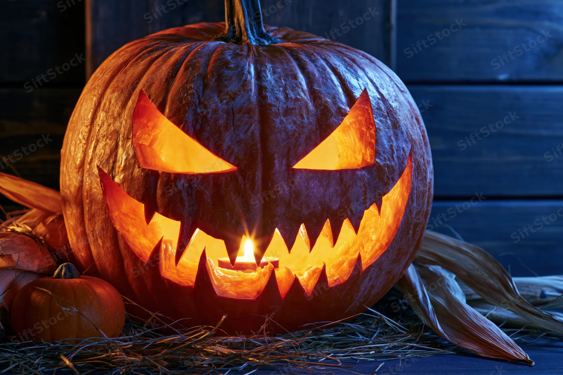Carved jack-o-lantern glowing with candlelight on hay against dark wooden background