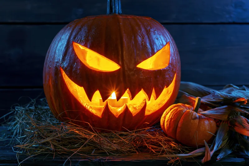 Carved jack-o-lantern glowing with candlelight on hay beside corn and small pumpkin against dark wooden background
