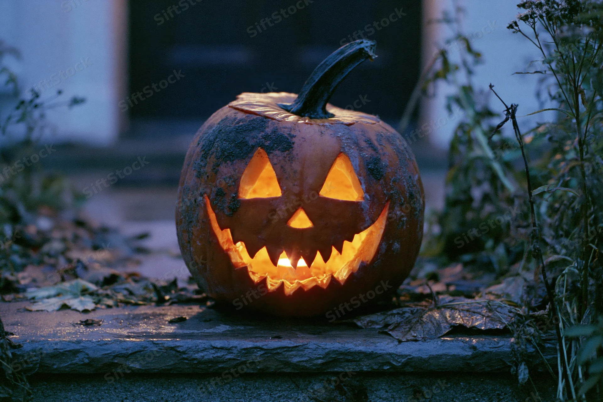 Carved jack-o-lantern with glowing face sitting on stone porch step at night